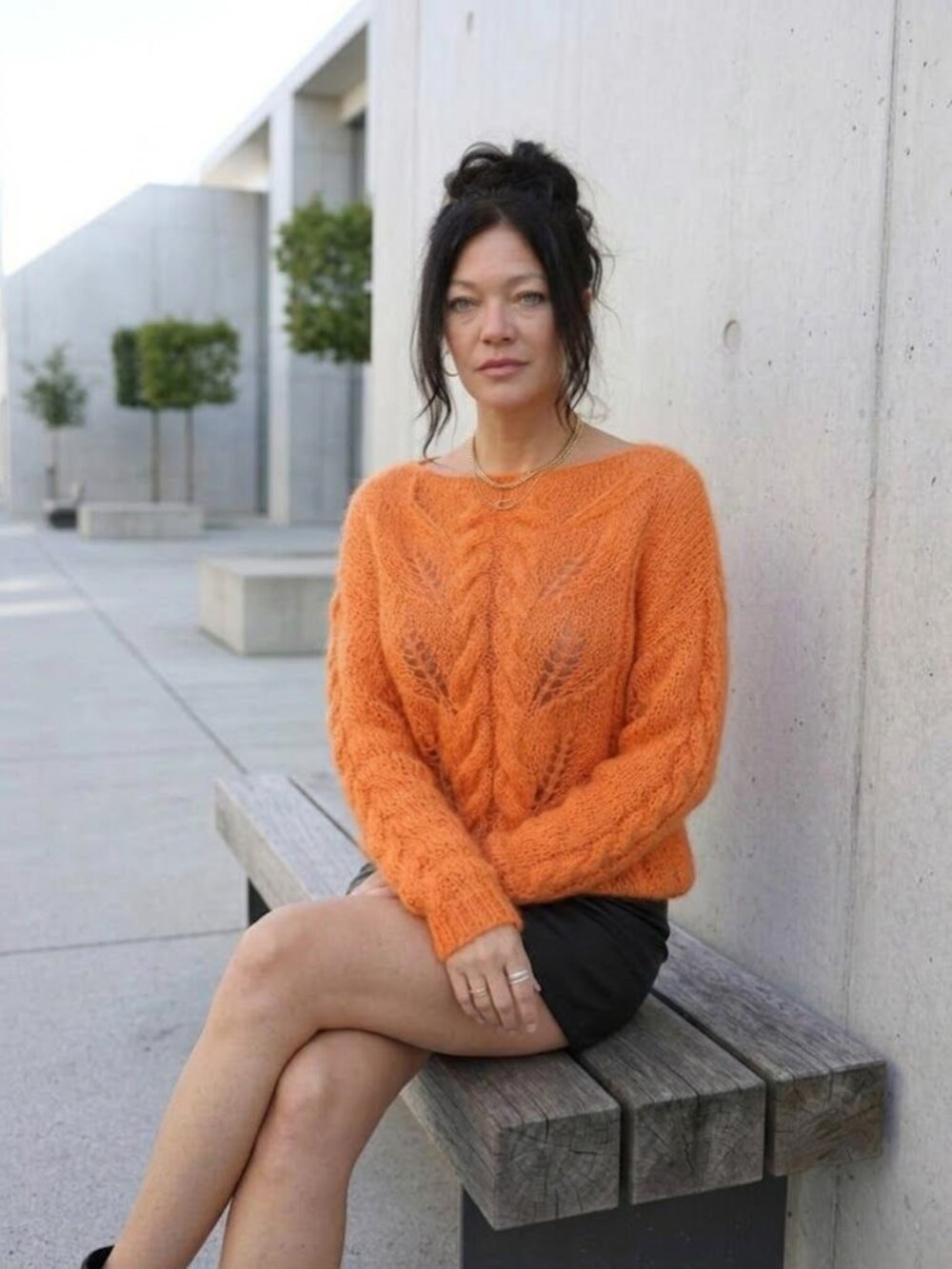 Orange Cable Knit Pullover Openwork Sweater - Picture 2 of 3